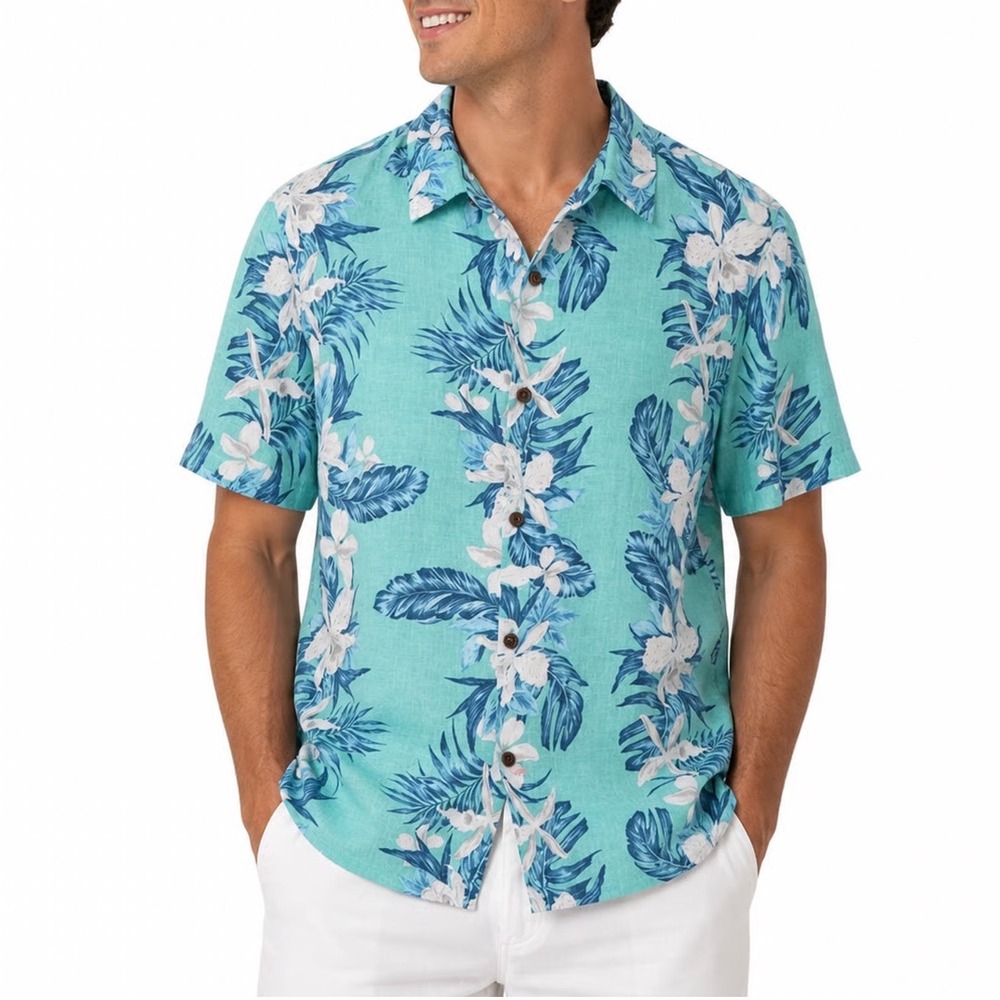Havana Jim Mens Turquoise Blue Tropical Floral Palm Hawaiian Shirt Medium